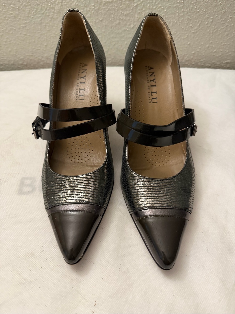 Anyi Lu Metallic Charcoal and Black Pointed-Toe Mary Jane Pumps, pre-owned